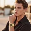 Triangular analog watch for men with luminous calendar and stainless steel three-eye hands, function, strap, gold.