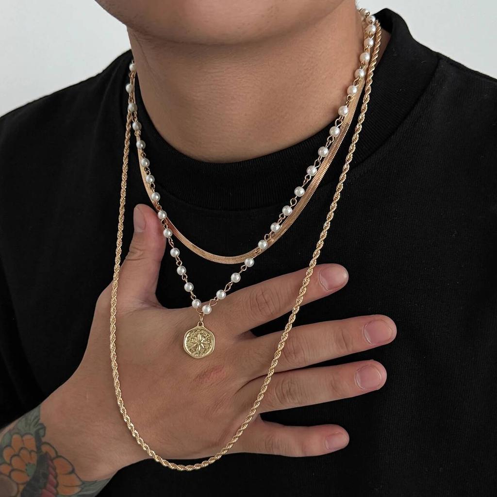 IngeSight.Z 3Pcs Trendy Imitation Pearl Coin Pendant Choker Necklace Men Punk Adjustable Gold Color Twist Chain Grunge Jewelry