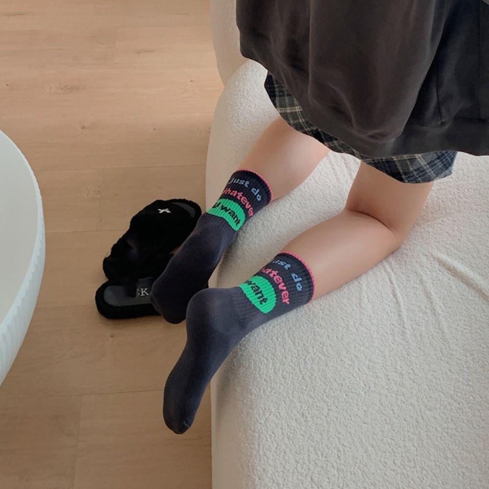 4Pairs Mid Tube Letter Printed Socks Kawaii Socks Women Casual Retro Lattice Socks  Girl