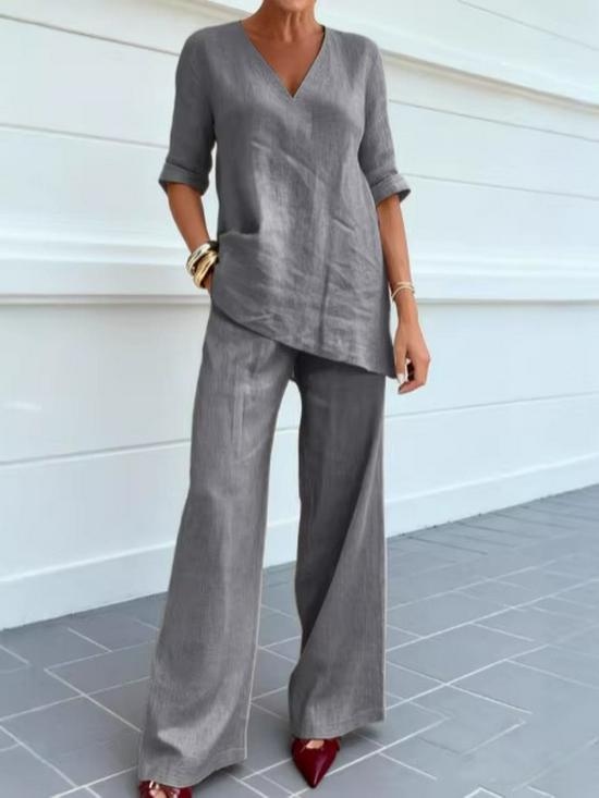 2026 European Cotton Linen Women's Casual Solid Color Two-Piece Set
