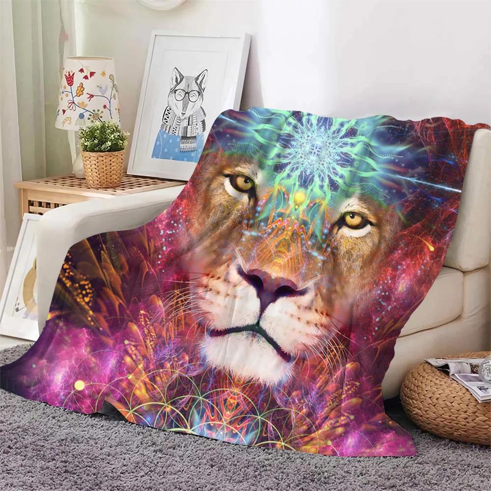 Colourful Lion Pattern Flannel Throw Blanket King Queen Size Super Soft Warm Blanket for Bed Sofa Couch Lightweight Kid Boy Gift