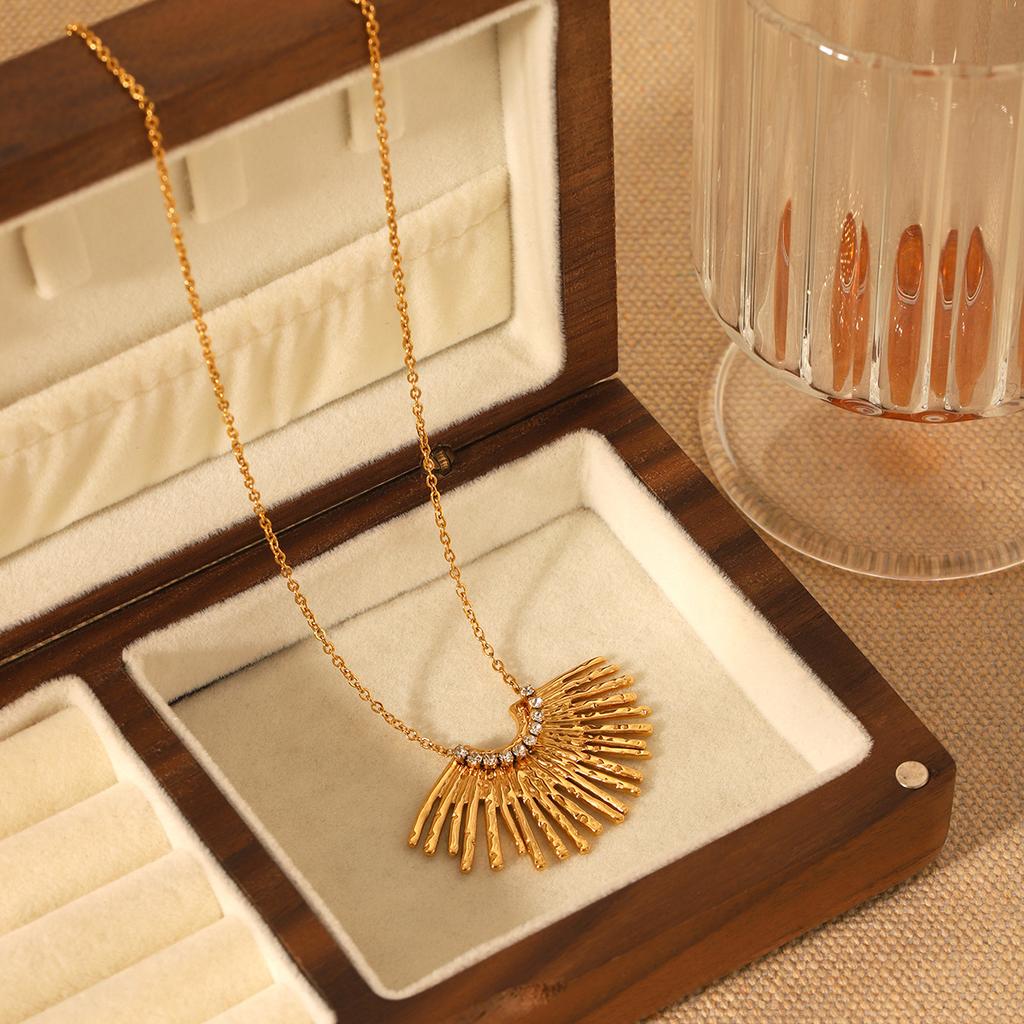 Fan Shaped Diamond Pendant Necklace For Women Titanium Steel Chain With Radiating Lines Design