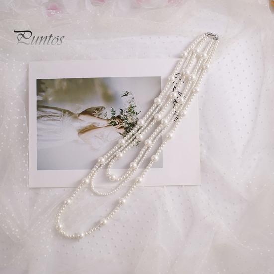 French Style Retro Faux Pearls Necklace Women Long White Three Layered Faux Pearls Luxury Sweater Necklace Jewelry Gift