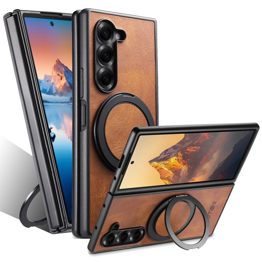 SUTENI G3 For Samsung Galaxy Z Fold7 5G Case Compatible with MagSafe Waxy Texture Rotating Kickstand Leather Phone Back Cover