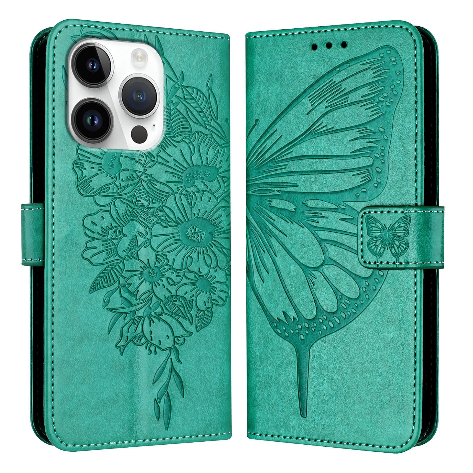 

For iPhone 16 Pro Max Wallet Case with Wrist Strap Butterfly Imprint Leather Phone Cover E