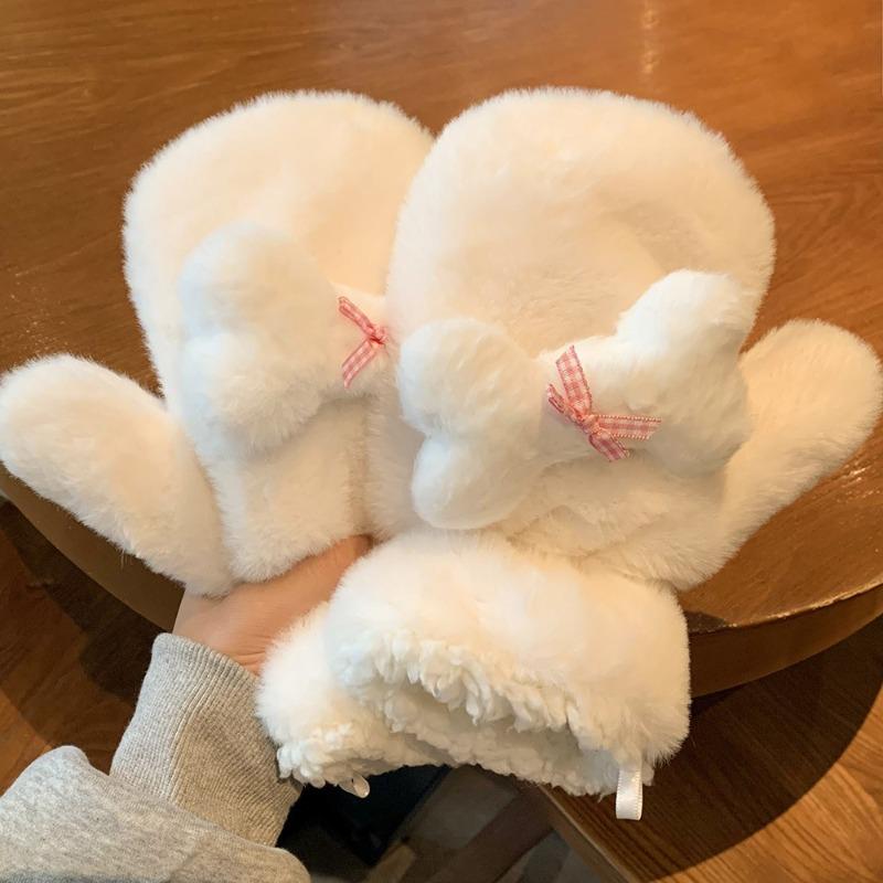 Winter Cute Plush Gloves Female Student Plush Thickened Versatile Finger Furry Neck Riding Windproof and Cold