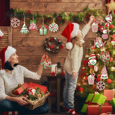Rustic Farmhouse Christmas Decor 12/24/36 Pcs Wooden Ornaments Set, Red Green Striped Candy Cane Tree Festive Window Hanging Decorations Decorations,