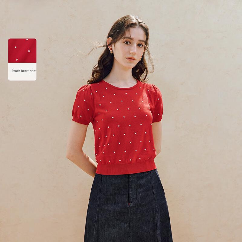 INMAN French Heart Print Red Thin Knit Short Sleeve Top S