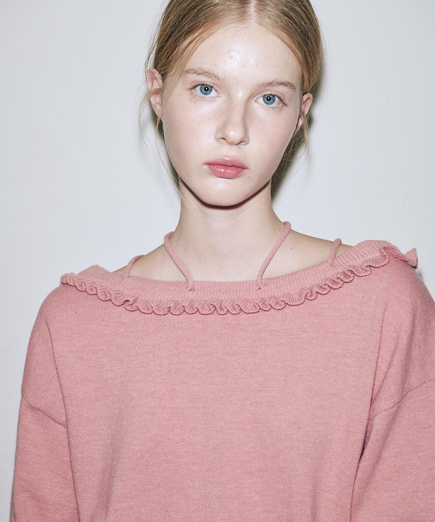 SINOON Ruffle Lace-Up Boatneck Knit (Dusty Pink)