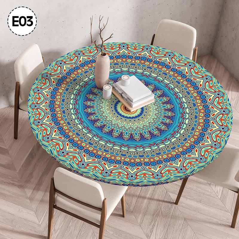 Mandala-bedeckter runder Tischbezug, nicht waschbar, wasserdicht, ölabweisend, staubdicht, elastische böhmische Tischdecke für Heimdekoration