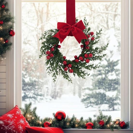 Artificial Christmas Wreath for Front Door 10 Inch Winter Greenery Wreath with Red Berries And Velvet Bow for Farmhouse Porch Wall Fireplace Decor