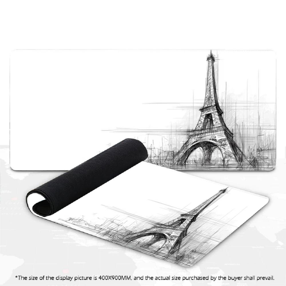 Paris Eiffel Tower Large Gaming Mouse Pad XXL Hand Drawn Sketch Desk Mat Non-Slip Rubber Keyboard Mat Office Desktop Table Mat