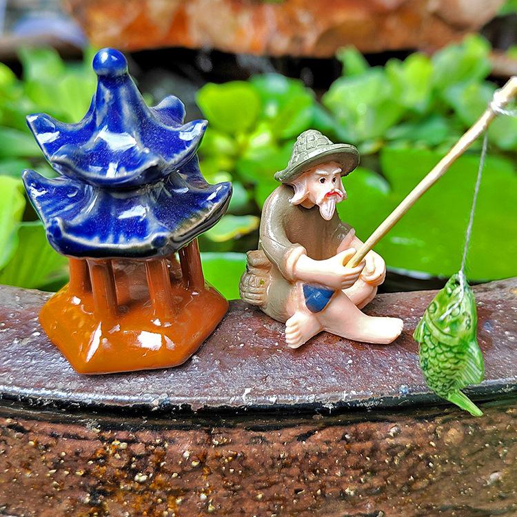 Jiang Taigong Fisherman Figurine Set: Water Feature and Landscaping Decoration