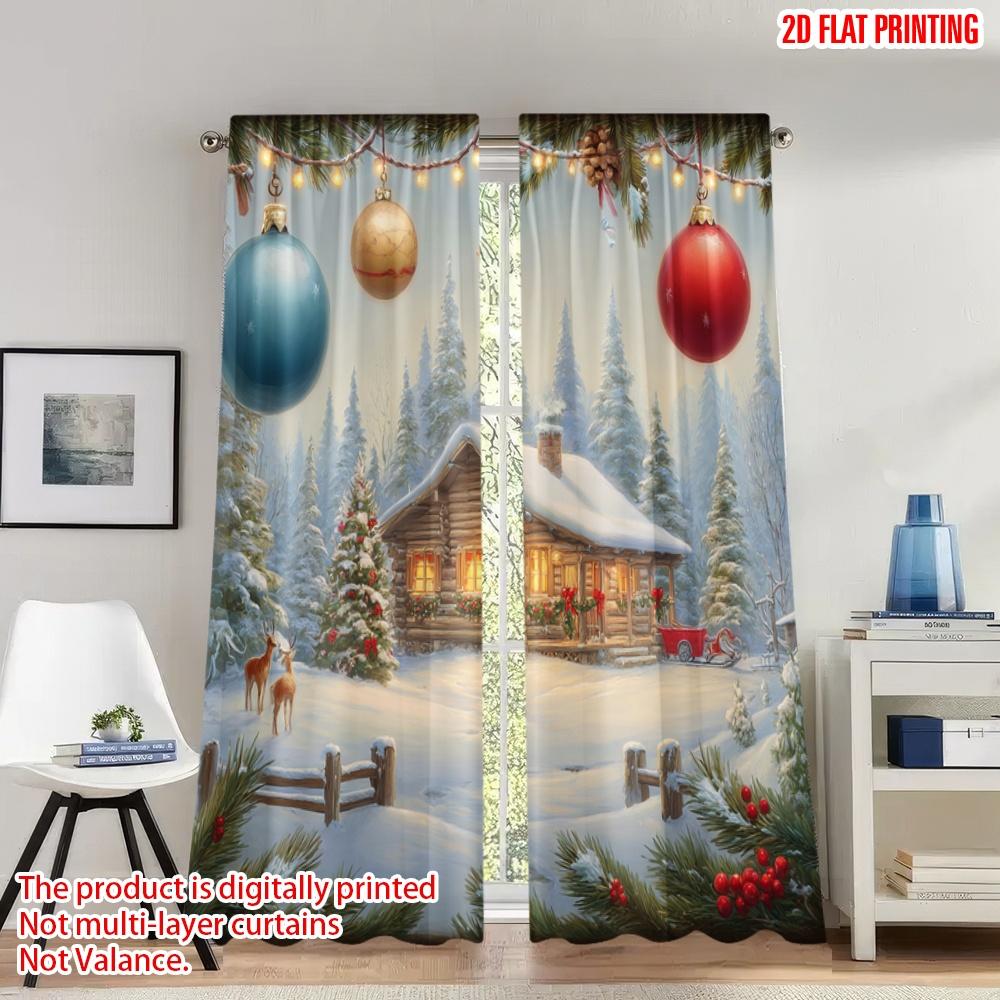 

Set Of 2 Flat Printing Christmas Hot Party Curtains Cozy Cabin Snow Winter Eve Digital Printed Polyester Drapes Family Curtain Made W100*H70(CM)-Rod Pocket&2PCS