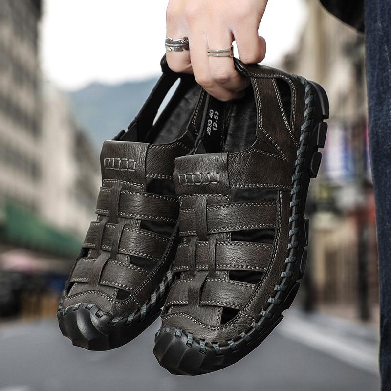 Men Black Leather Closed Toe Outdoor Roman Summer Walking Hiking Sandals Beach Shoes Plus Size