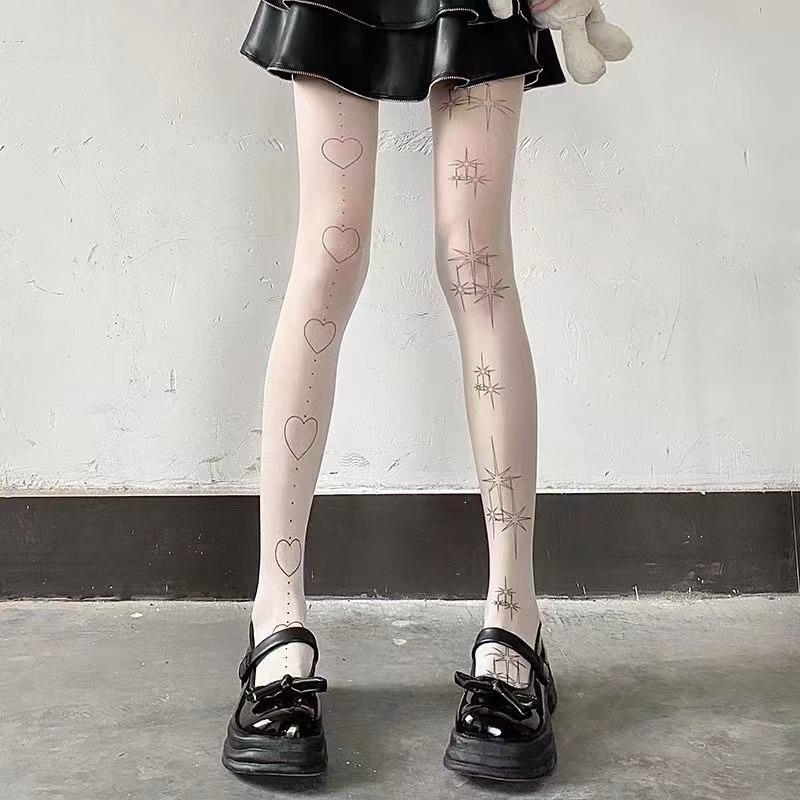 Stern Herz Lolita Socken Tattoo Druck Strumpfhose Netzstrümpfe Kätzchen Katze Japanische JK Strumpfhose Gothic Spitze Schwarze Strumpfhose