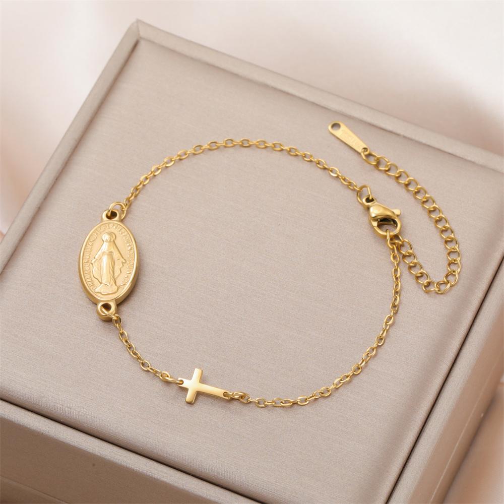 Virgin Mary Cross Bracelet Adjustable Hand Chain Stainless Steel Pendant Medal Christian Religious Catholic Protection Jewelry