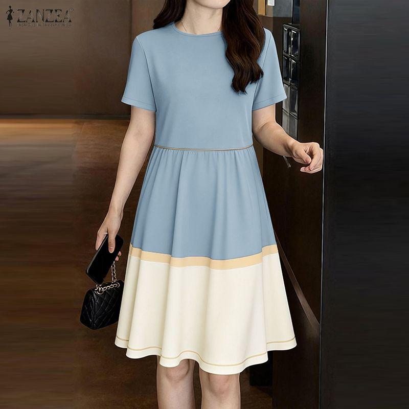 ZANZEA Women Casual Round Neck Loose Short Sleeve Patchwork Dress