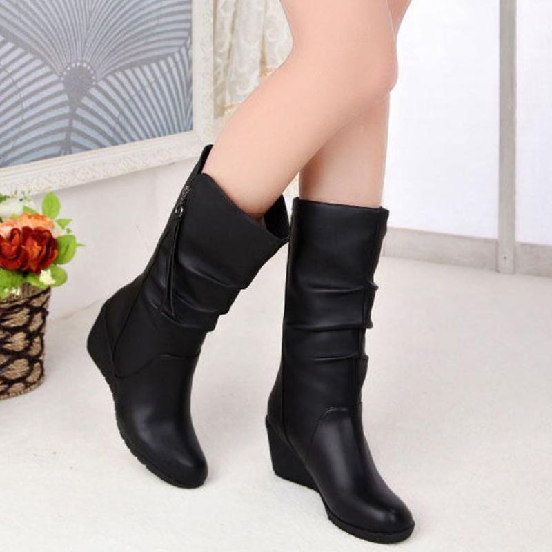 Fashion Black Round Toe Elegant Heeled Women's Half High Boots Autumn Winter Leather Comfortable Fashion 2025 Hot Ladies Mid Calf Shoes
