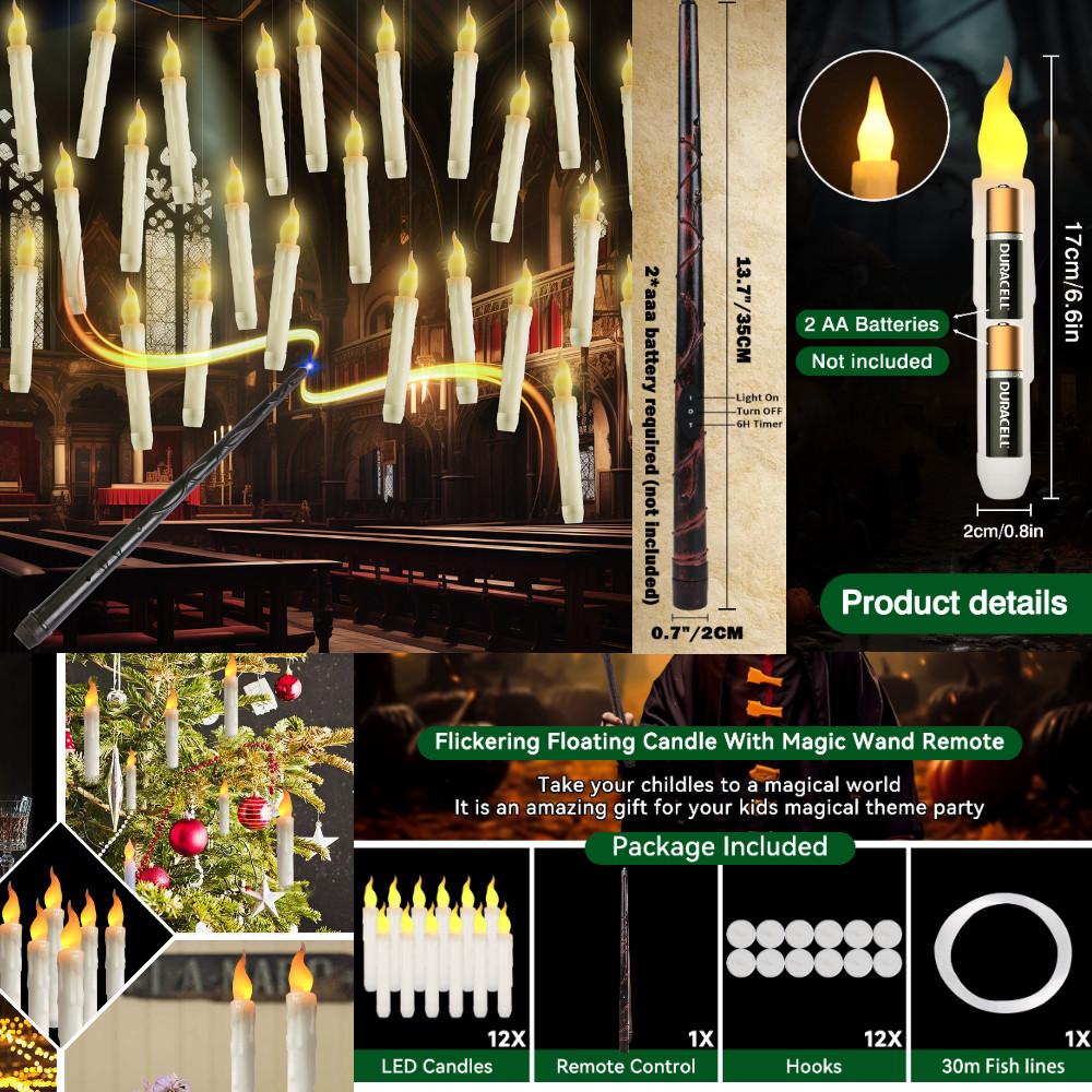 12/24Pack Christmas Floating Candles With Magic Wand Remote LED Flameless Hanging Taper Candle Flickering for Home Holiday Decor