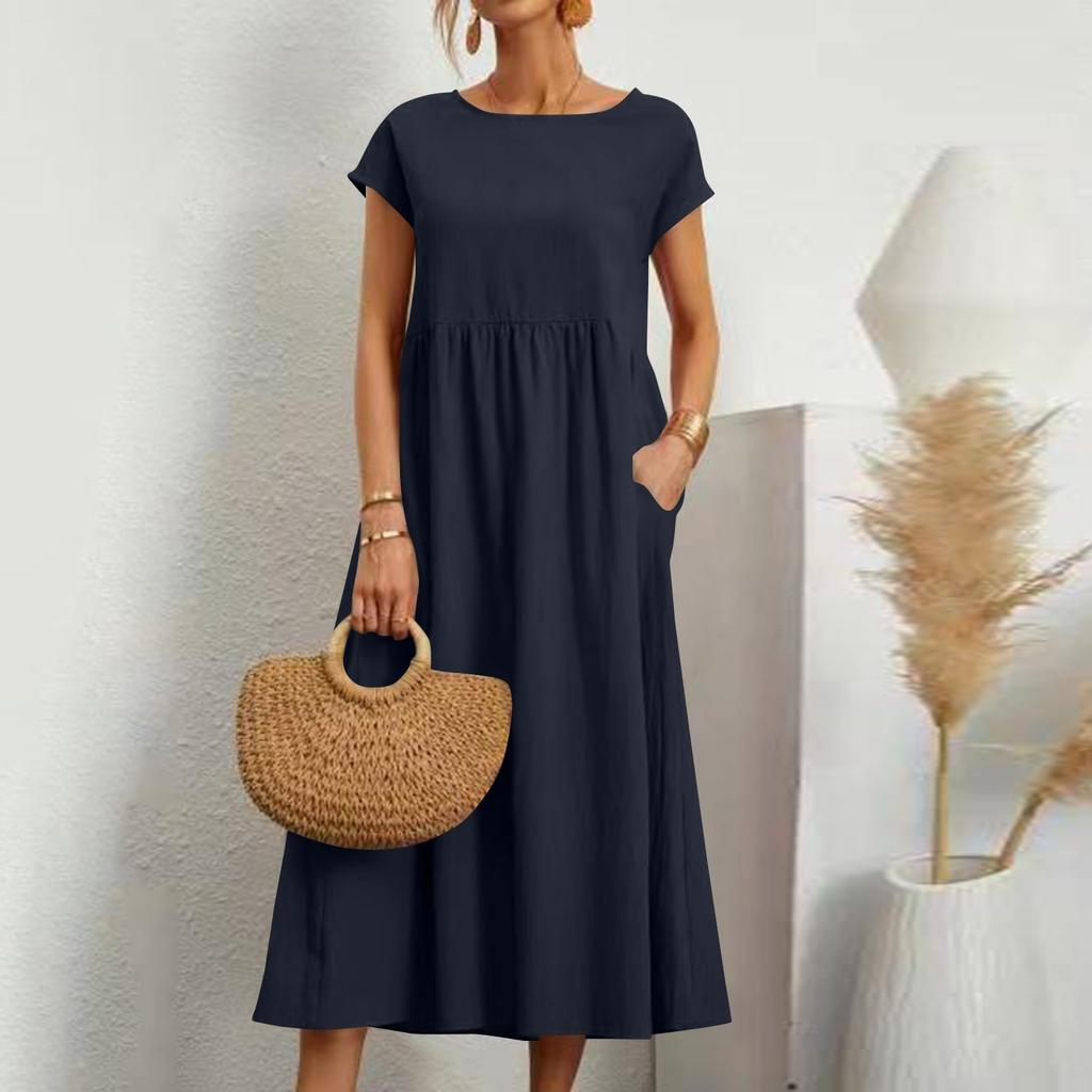Abito da donna colorato a maniche corte, ampio, in cotone e lino, con tasche