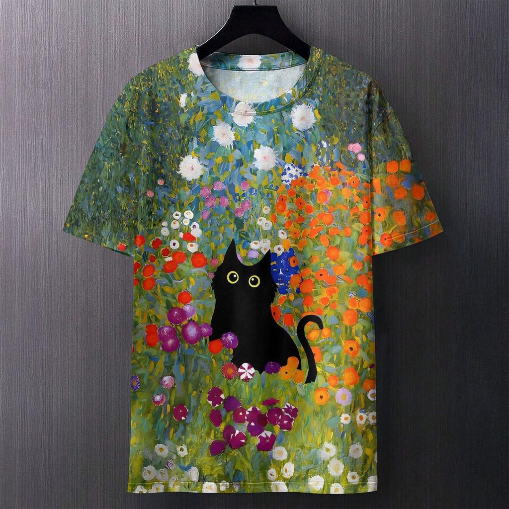 Summer Round Neck Artistic Cat and Floral Pattern 3D Print Top Fashionable Casual Short Sleeved Men's T-shirts