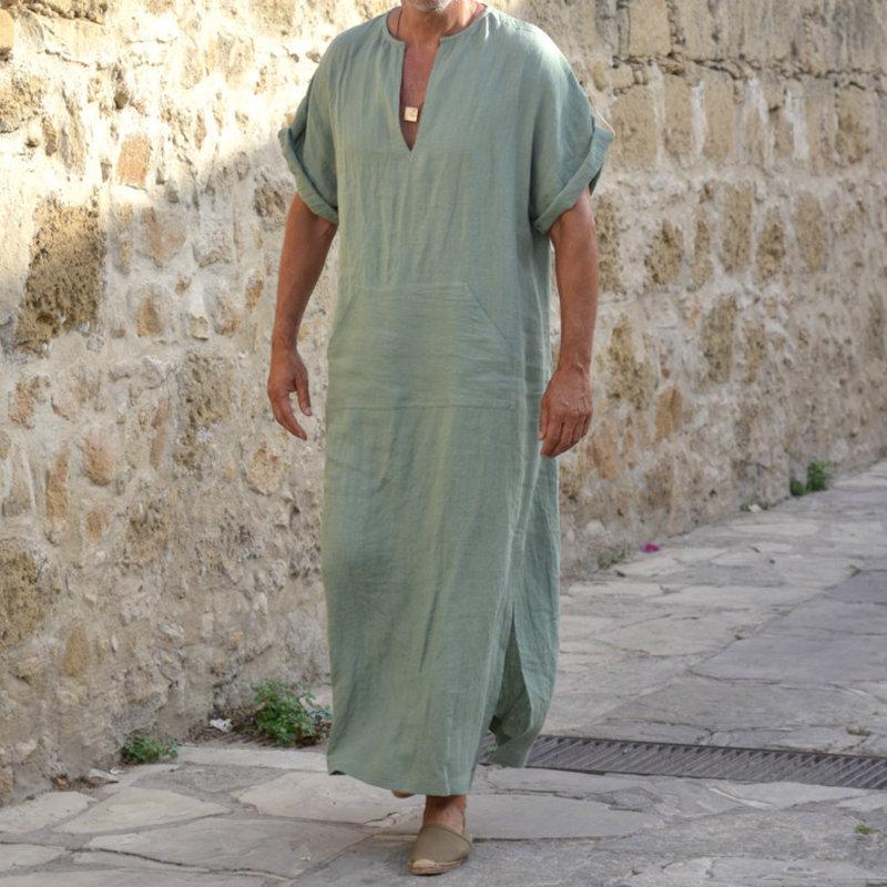 Herren Plus Size Vintage Muslim Robe V-Ausschnitt Casual Loose Langarm Kleid