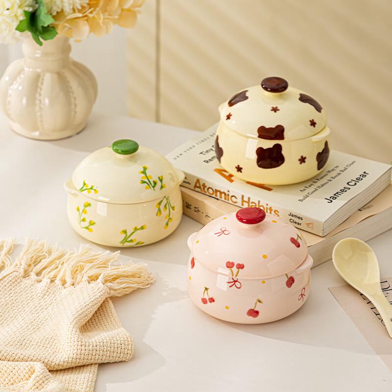 KANGMO 5-inch Cartoon Ceramic Stew Pot with Lid and Spoon