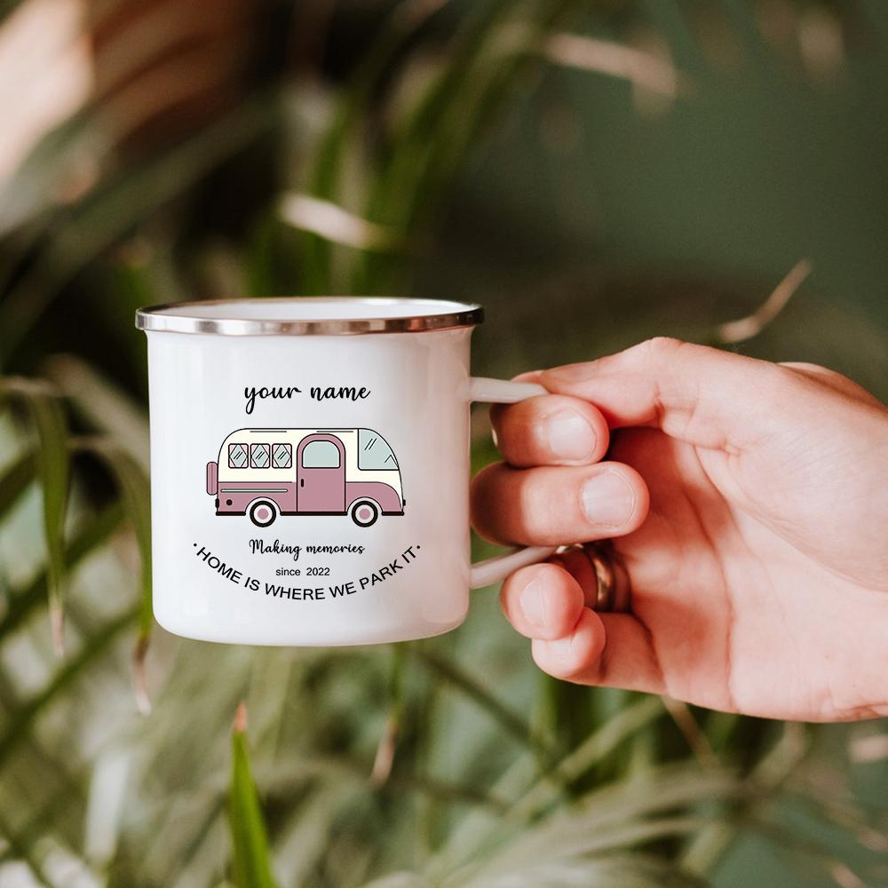 Campervan Enamel Coffee Mugs Couple Travel Name Custom Cups His and Hers Retro Caravan Personalised Camper Van Gifts Present