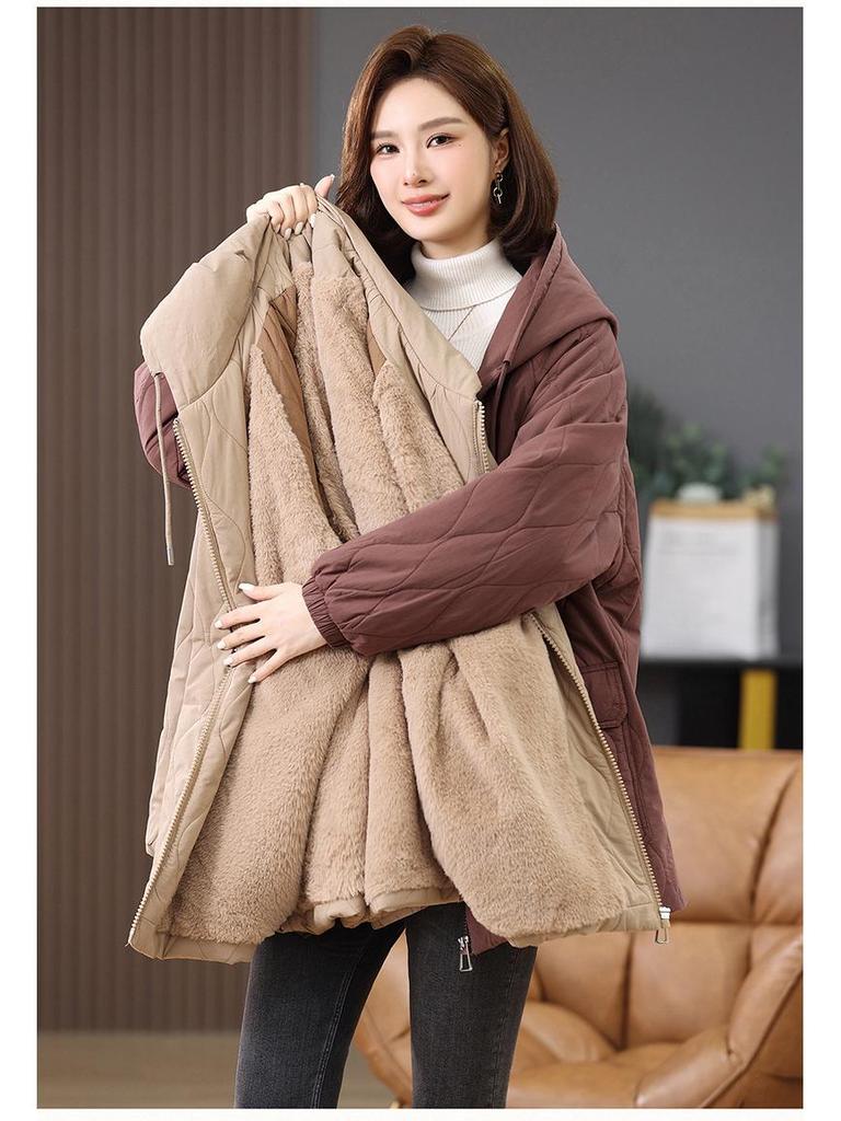 Women's 2024 Winter Fleece-Lined Thick Cotton Coat - Plus Size, Casual, Loose-Fit, Middle-Aged Style.