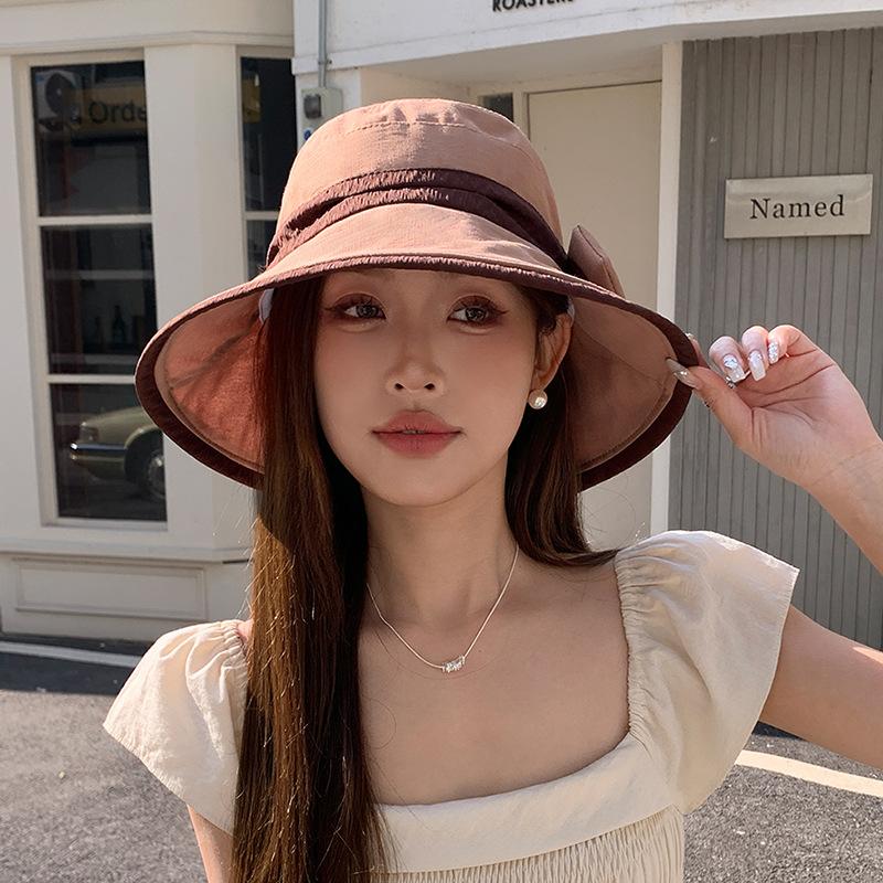 Summer face covering sun protection hat children two-color bow big brim bucket hat premium outdoor sun hat