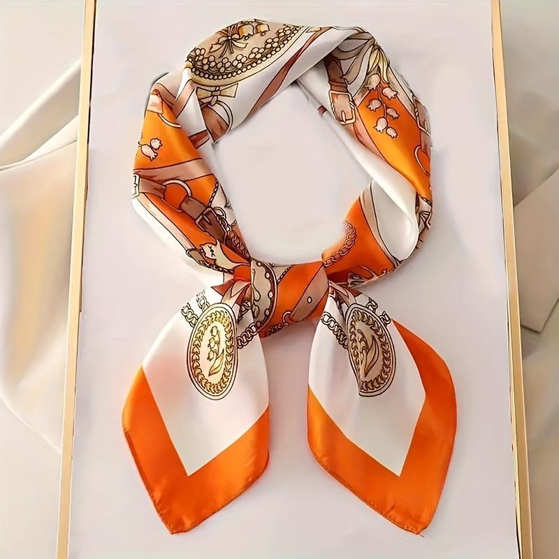 27.5" Chain Printed Square Scarf Elegant Thin Breathable Decorative Neck Scarf Orange Windproof Headscarf For Women