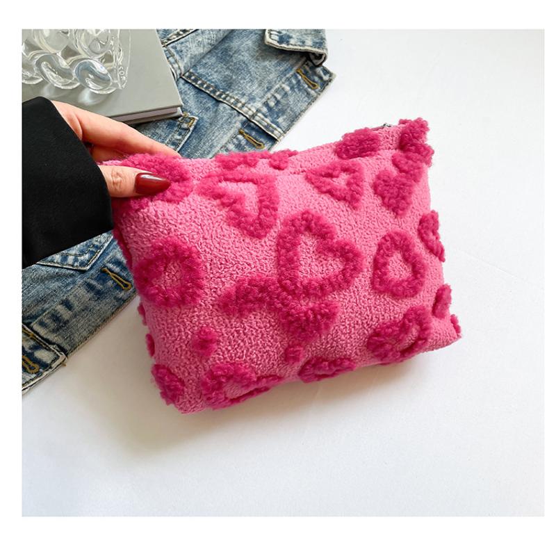 Plush Cute Love Makeup Bag Portable Skincare Product Lipstick Storage Bag Hand-Held Inner Bag Korean Brush Pencil Cases