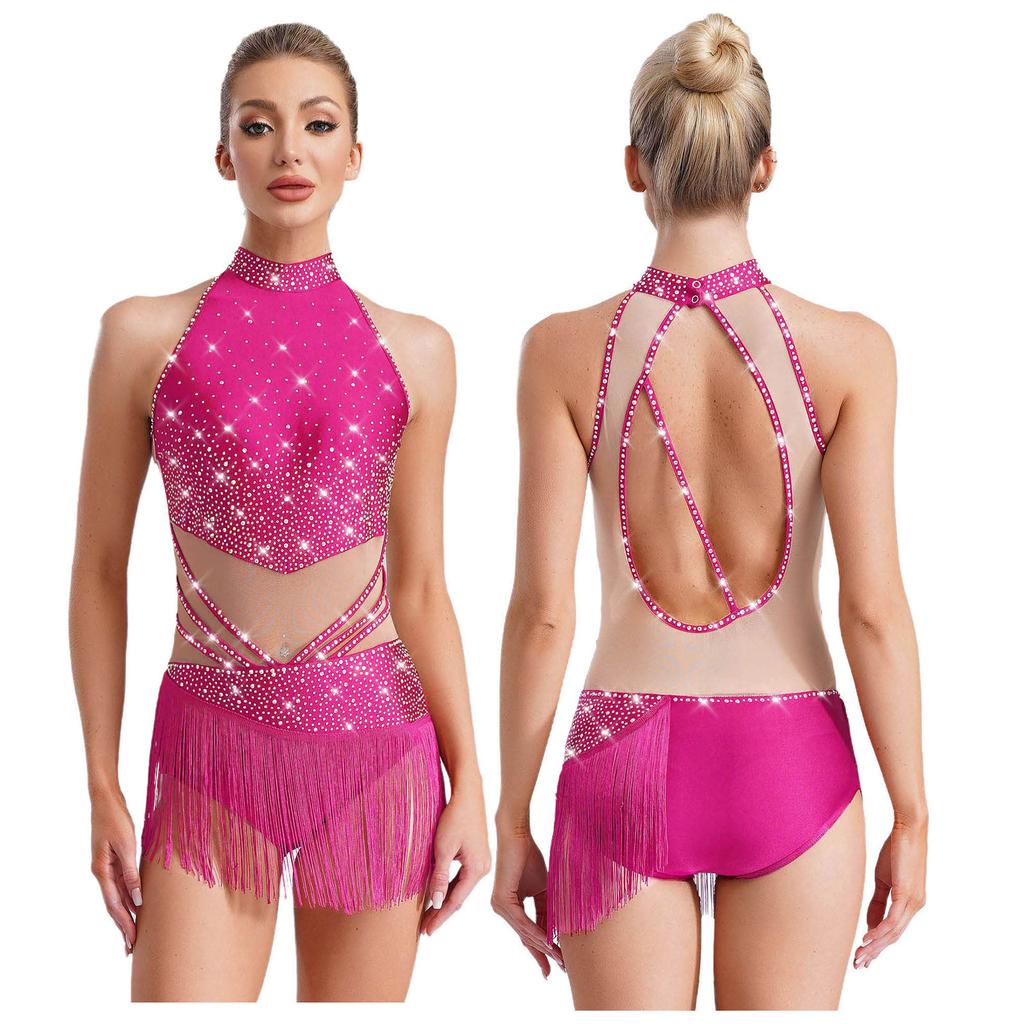 Womens Rhinestones Latin Dance Performance Gymnastics Figure Skating Costume Jazz Dance Outfits Tassels Adorned Leotard Bodysuit