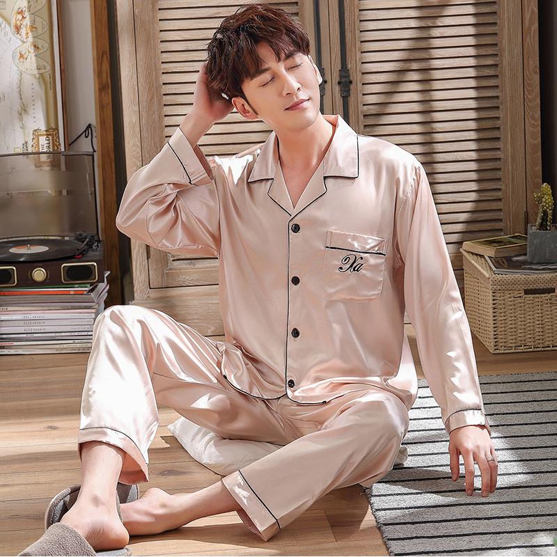 Frühlings-Seidenpyjama-Set im koreanischen Stil: Damenimitatseide & Herren Dünn Langarm Hauskleidung