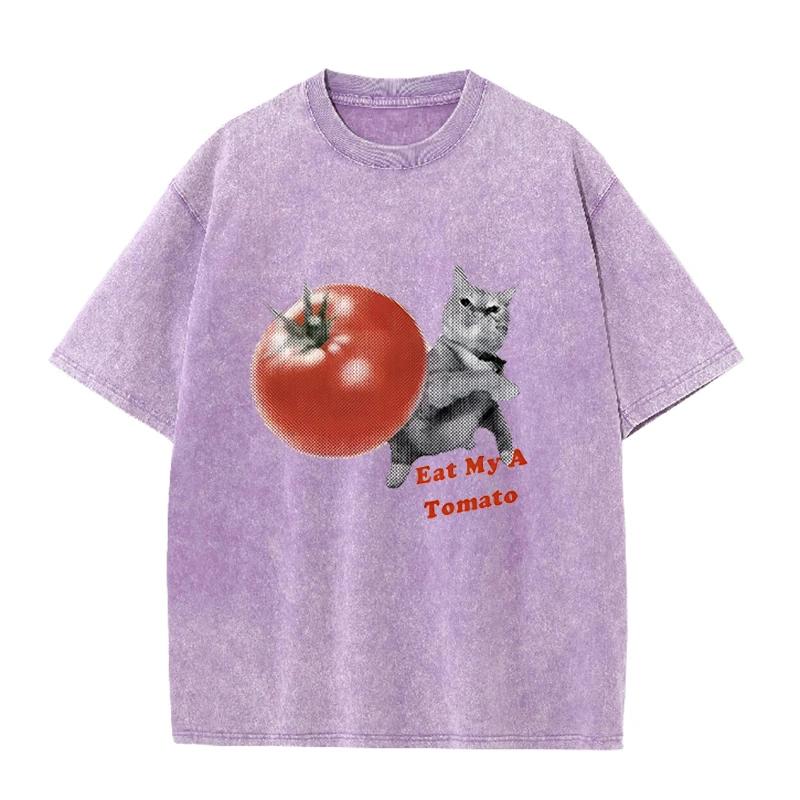 Retro Cat & Tomato T Shirt Eat My A Tomato Print Washed Purple Streetwear S разноцветный