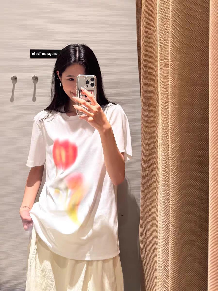

Korean Floral Tie-Dye White Crew Neck Cotton T-Shirt XL Premium білий