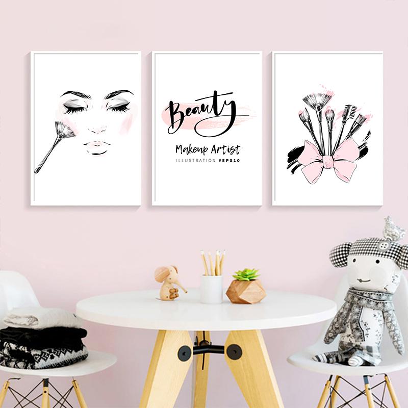 Mode Schönheit Make-up Pinsel Poster Wand Kunstdrucke moderne rosa Schleife Leinwand Malerei Bilder für Mädchen Schlafzimmer Home Dekoration