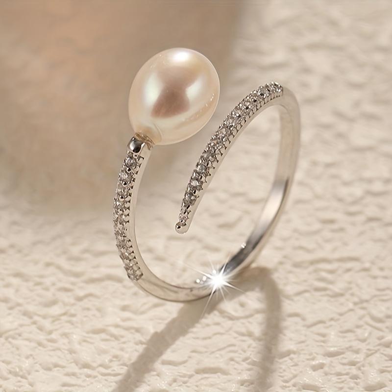 1pc Faux Pearl Geometric Oval Ring, Synthetic Zirconia Adjustable Open Design - Elegant Anniversary Birthday Gift for Women