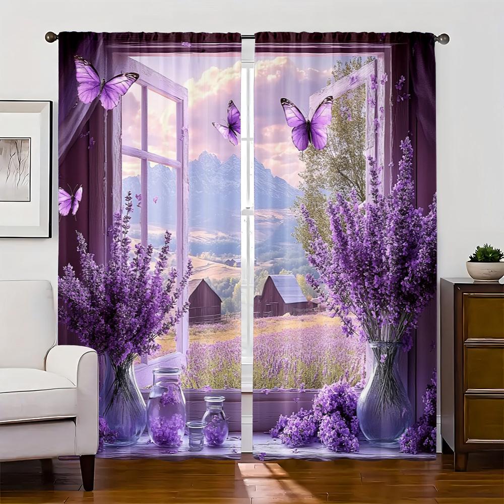 

2 шт., Занавеска в деревенском стиле с лавандовыми и фиолетовыми мотивами_ бабочки и амбары 100% полиэстер, Без электричества Семейный 29x65in(75x166cm)
