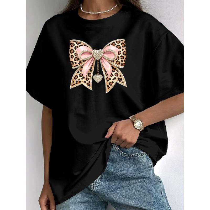 Women's Bow Knot & Rhinestone Heart Print T-Shirt Casual Crew Neck Short Sleeve Spring Summer Fall Top