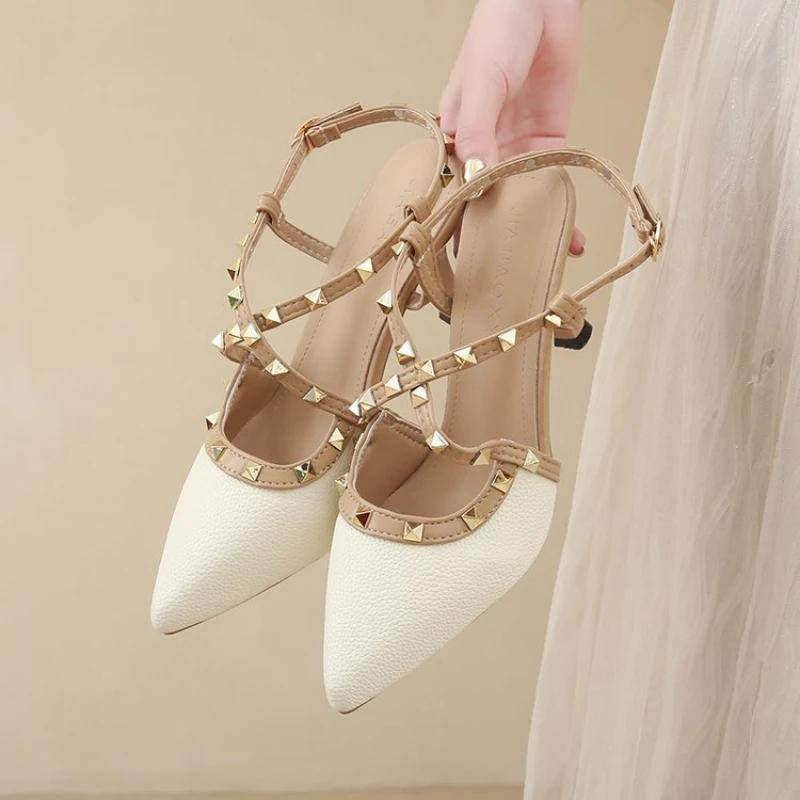 

Fashion Women s Gladiator sandals Summer luxury 2025 trend Ankle Strap Brand Fashion designer Rivets High Heels 34 бежевый