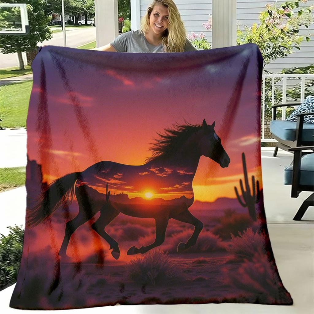 1pc Soft Flannel Throw Blanket | Western Sunset Horse & Desert Cactus Print, Cozy Warm All-Season Blanket for Bed, Travel, Camping, Sofa, Chair, Conte