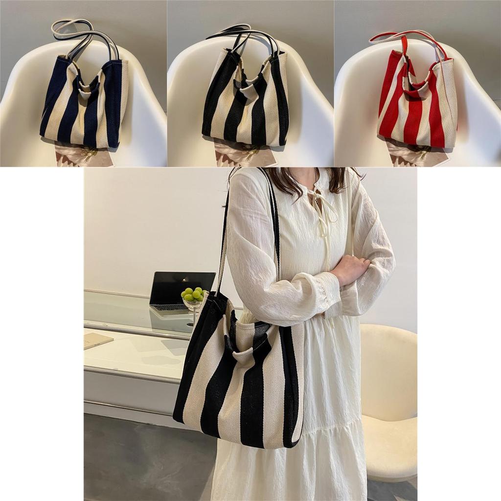Stylish Urban Stripe Canvas Tote Bag Large Capacity Summer Shoulder Bag For Women 2022
