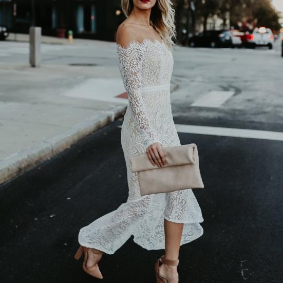 Sexy Frauen Langarm Off Schulter Spitze Meerjungfrau Cocktail Hochzeit Bodycon Kleid