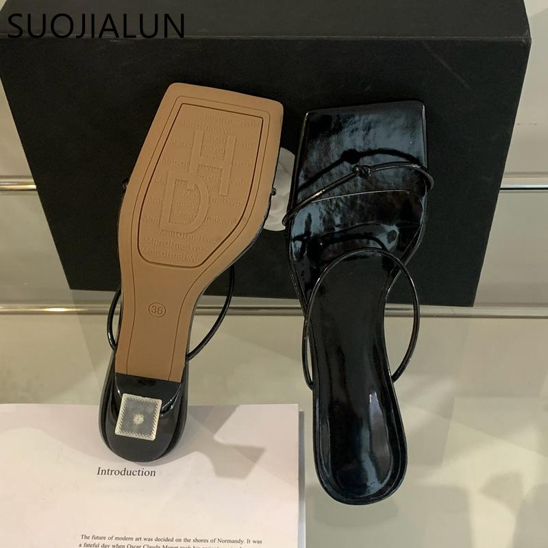 Fashion SUOJIALUN 2025 Summer Women Slipper Fashon Narrow Band Ladies Elegant Dress Sandal Shoes Thin Med Heel Square Toe Slides Shoes