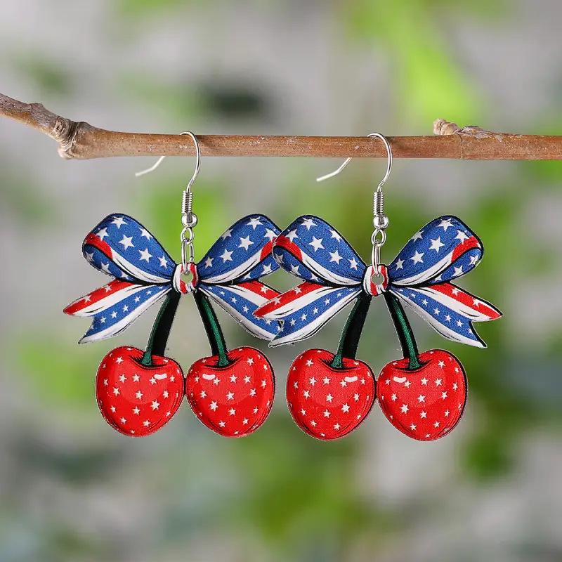 

Red White Blue Cherry American Flag Pendant Earrings