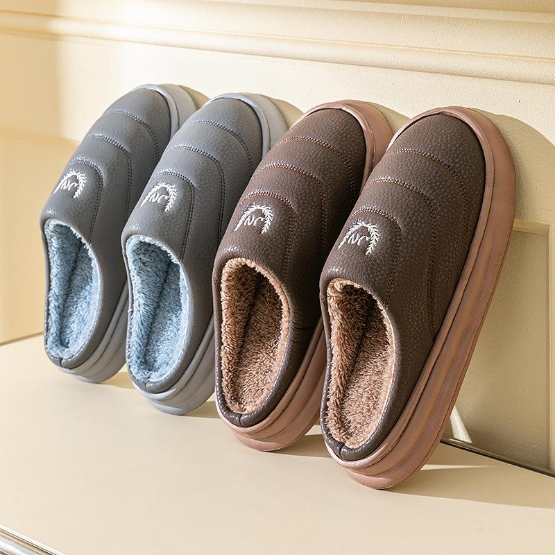 Autumn and Winter Slippers Imitation PU Lint Cotton Indoor Thickened Large Size Home Warm Plush Slippers