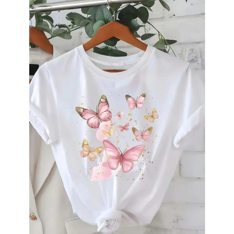 Plus Size - Plus Size - Plus Size - Women S Soft and Breathable Pure T-Shirt - Pastel Pink with Golden Butterfly Floral Design, S белый