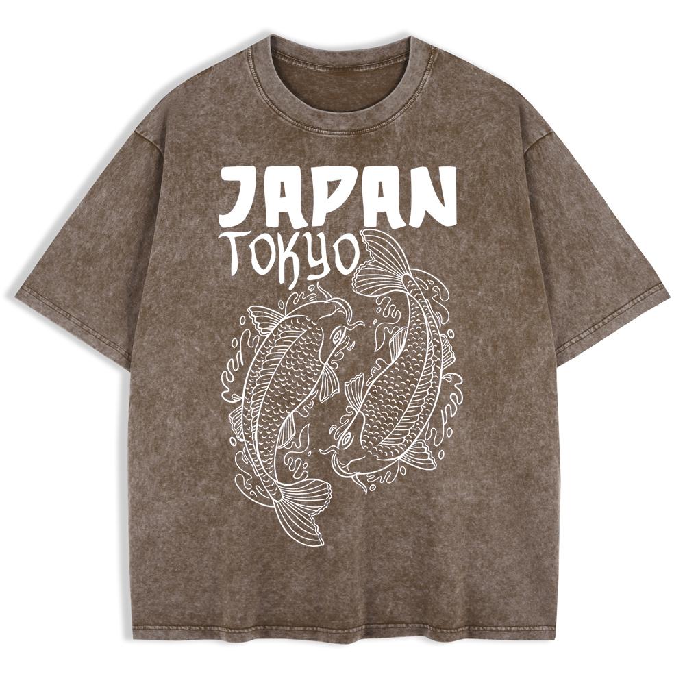 Japanese Koi Harajuku Printed Washed T-Shirts Mens Cotton Oversize T Shirt Summer O-Neck Short Sleeve Tops Clothes